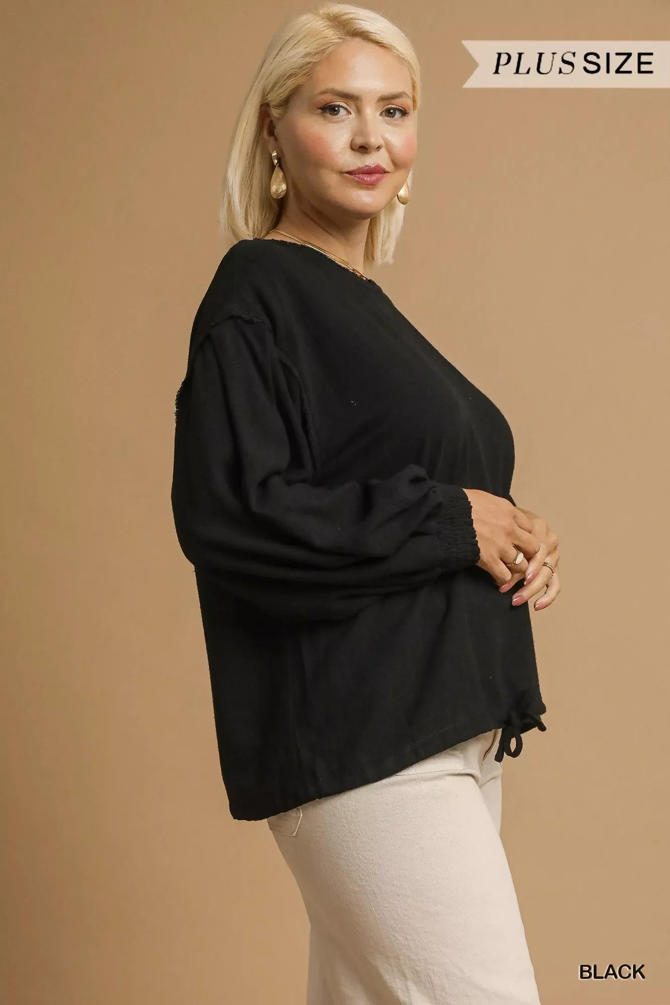 Umgee Full Size Linen Long Sleeve Top with Drawstring Plus Size