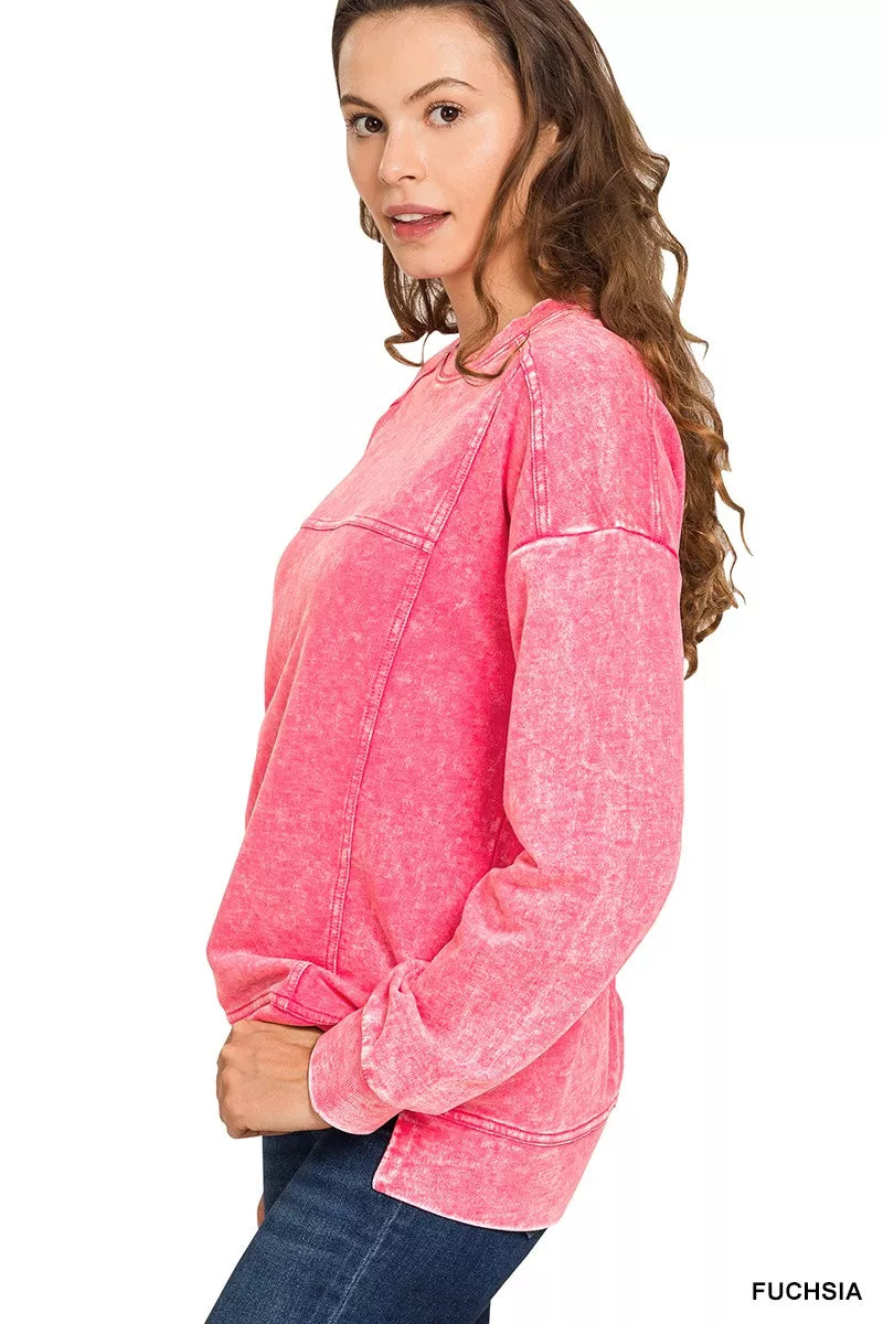 Zenana Acid Wash French Terry Exposed-Seam Pullover