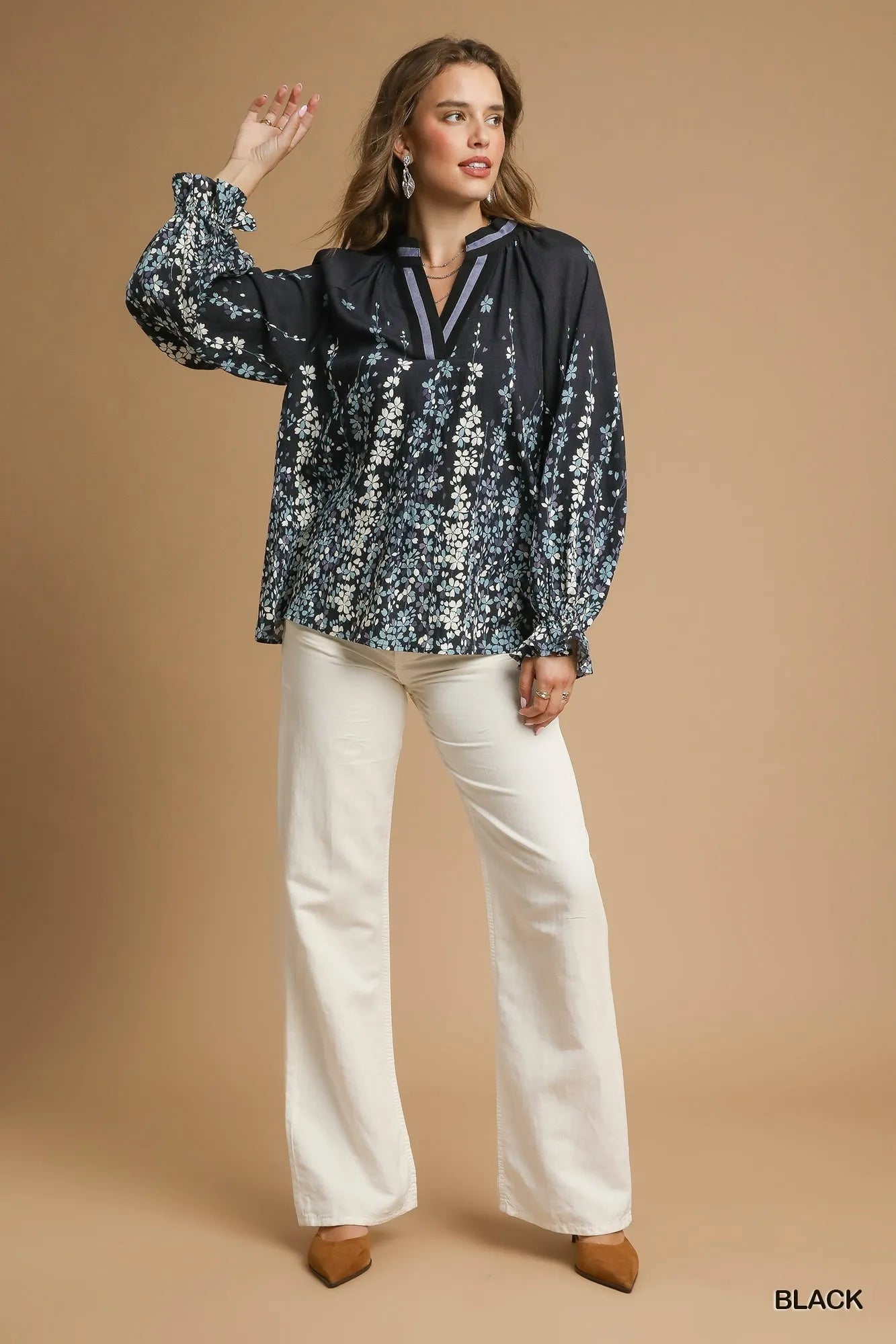 Umgee Full Size Floral Vine Print Blouse with Balloon Sleeves Plus Size