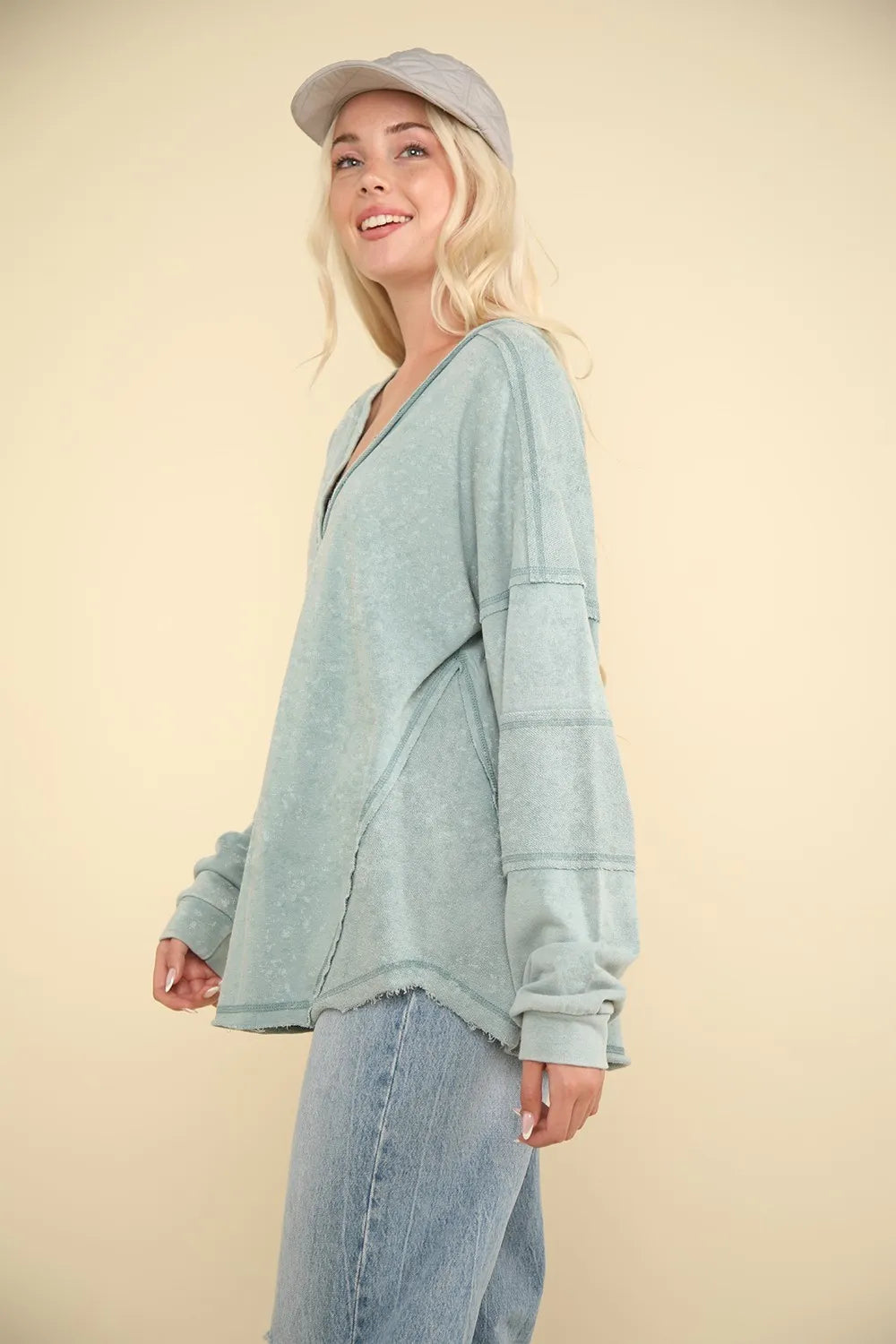 VERY J Washed V-Neck Exposed Seam Knit Top