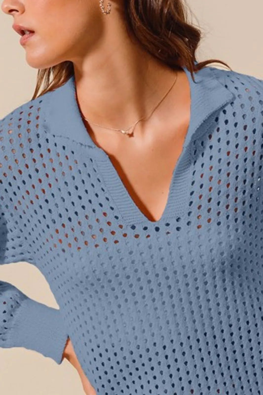 SO ME Open Knit Polo Sweater Top