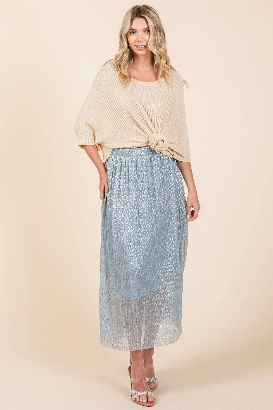 Mittoshop Metallic Glitter Speckle Print Elastic Midi Skirt