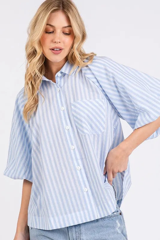 Mittoshop Button Down Striped Puff Sleeve Shirt
