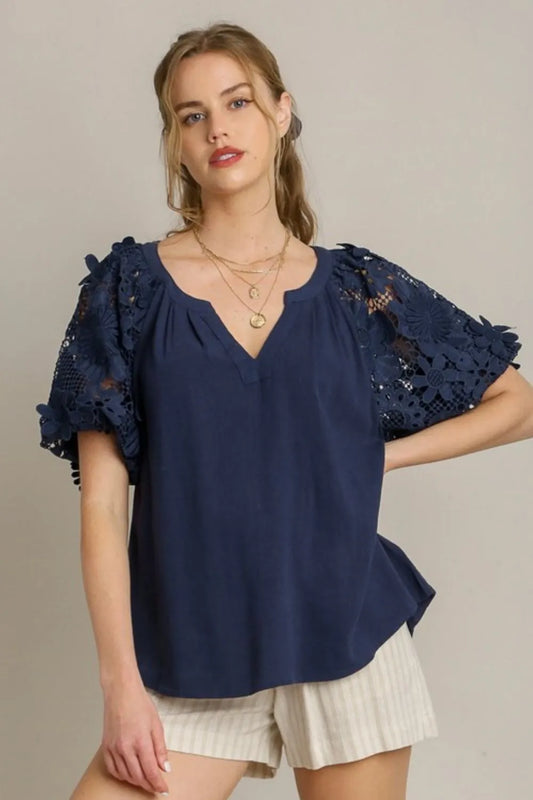 Umgee Full Size French Terry Boxy Cut Top with 3D Floral Sleeve Plus Size