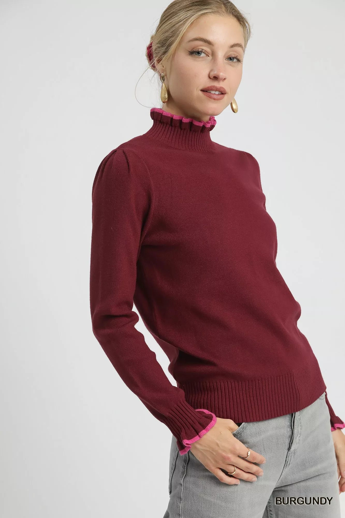 Umgee Ribbed Round Neck Sweater with Ruffle Contrast Trim