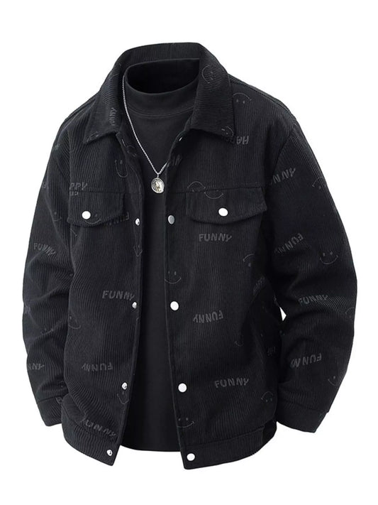 Men's Plus Size Smiley Face Print Snap Down Casual Jacket