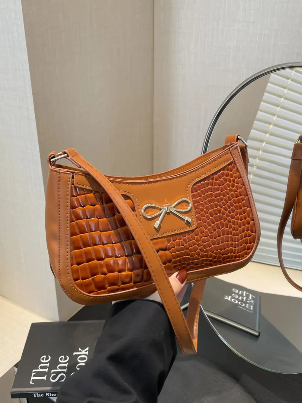 Crocodile Pattern Shoulder Bag with Bow Detail