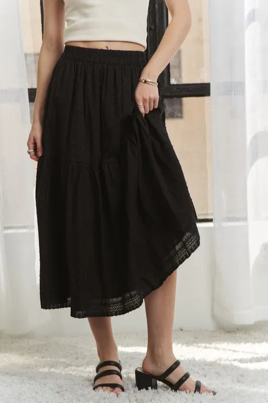 ADORA Elastic Waistband Tiered Midi Skirt