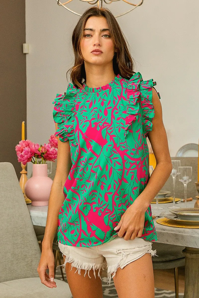 BiBi Leopard Leaves Print Woven Top