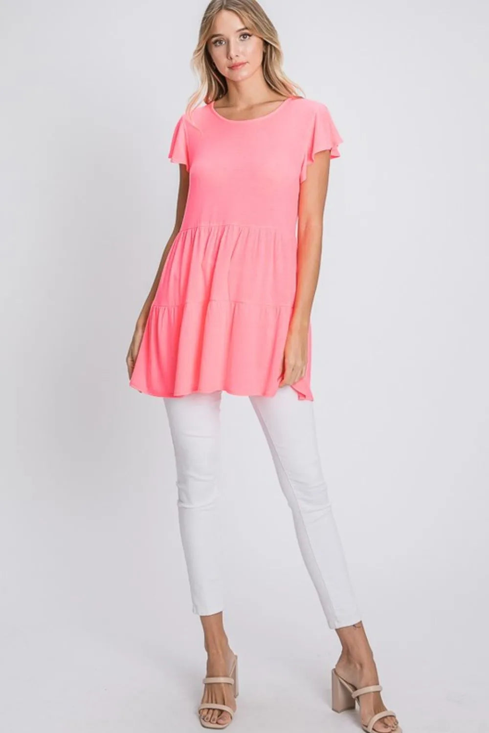 Heimish Full Size Tiered Round Neck Ruffle Sleeve Top Plus Size