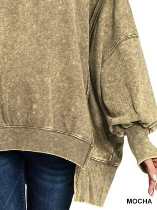 Zenana Acid Wash Exposed-Seam High Low Sweatshirt