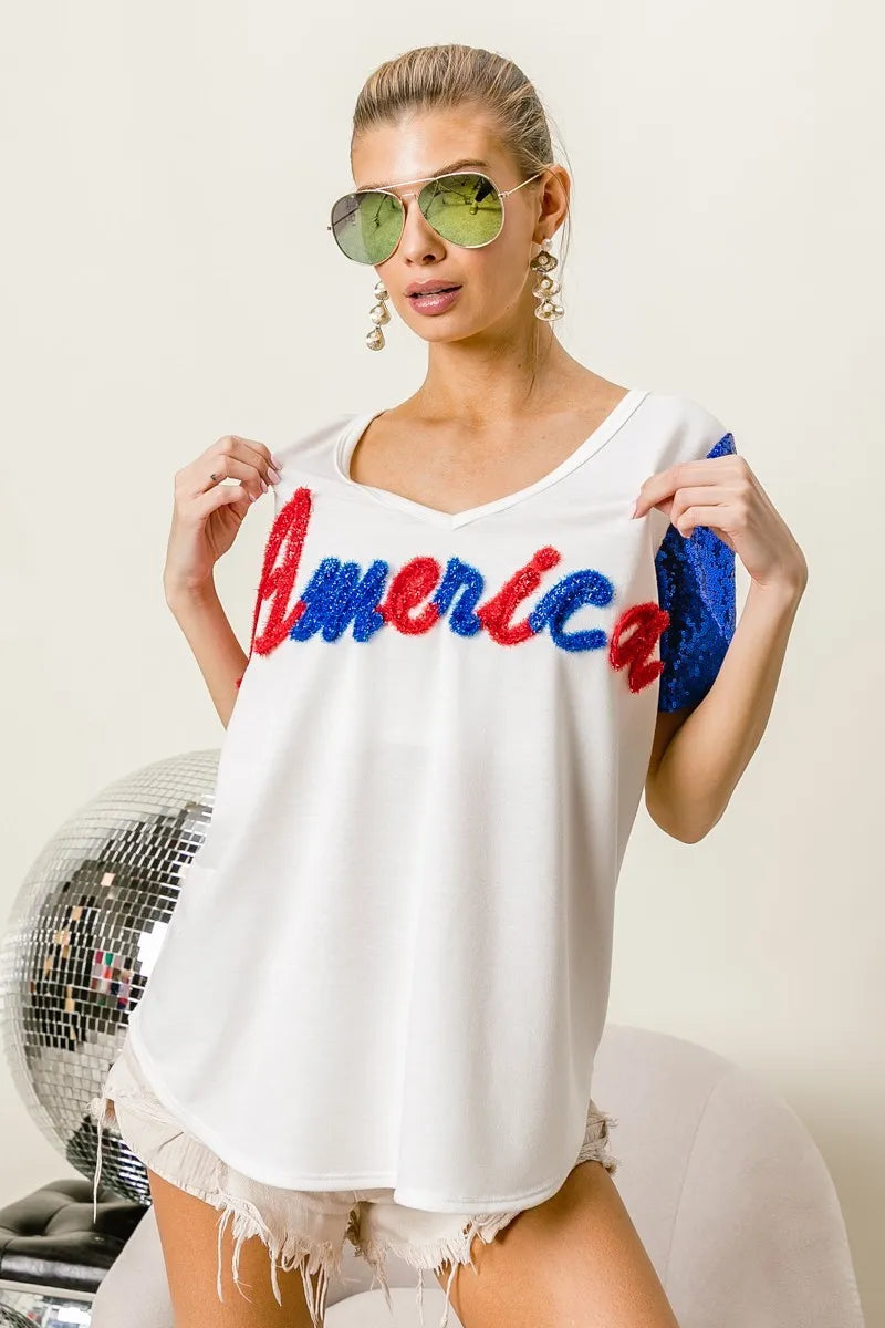 BiBi Metallic Letter V-neck Sequin Sleeves Top