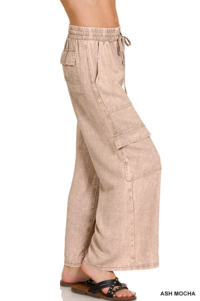 Zenana Washed Linen Elastic Band Waist Cargo Pants