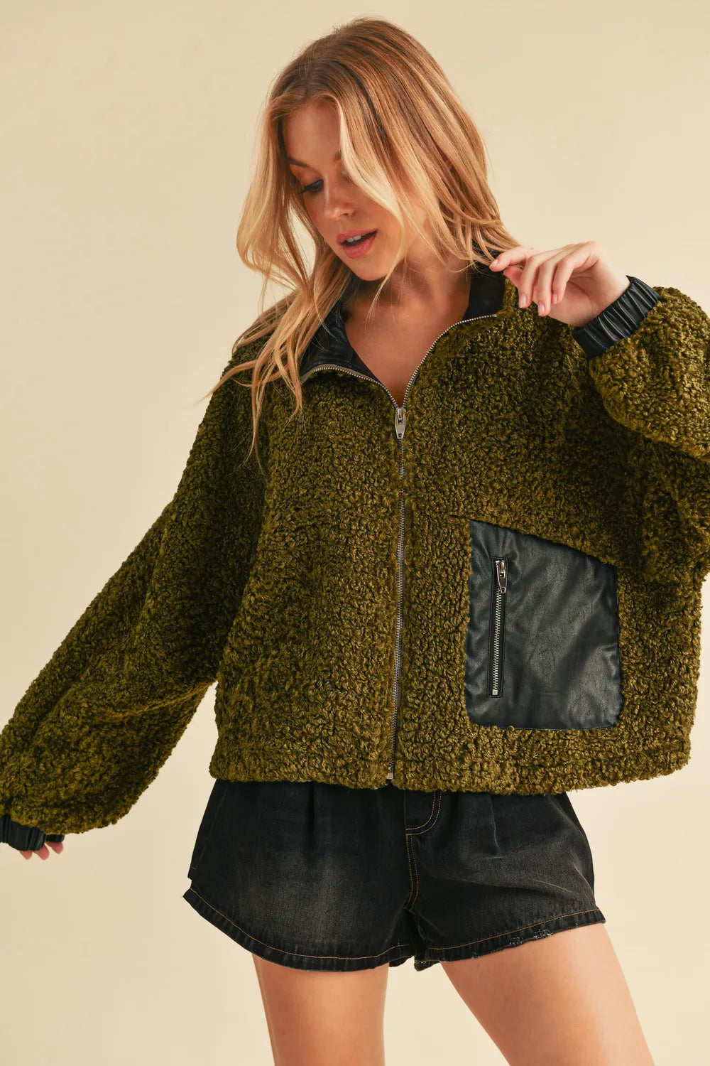 Aemi + Co Collared Neck Zip Up Sherpa Jacket