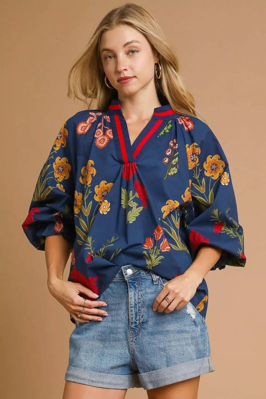Umgee Floral Print Flounce Sleeve Blouse
