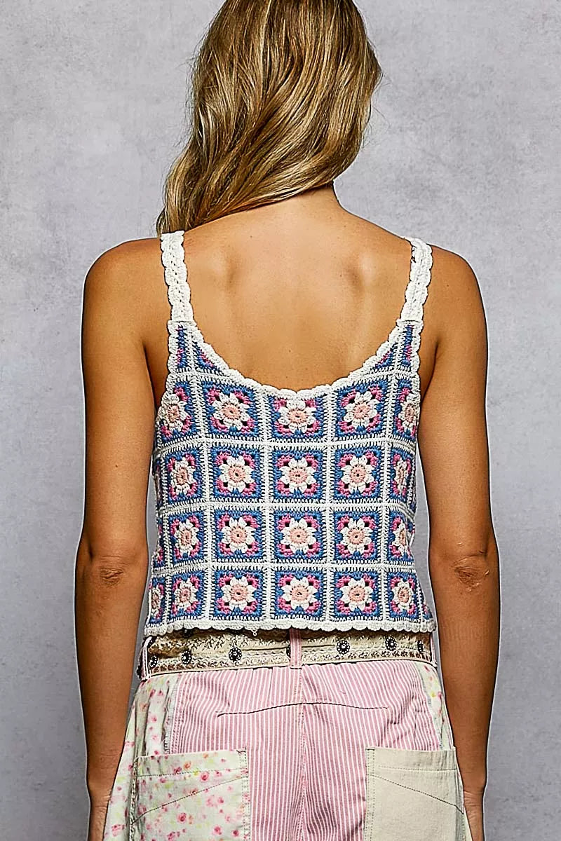 POL Scalloped Edge Cropped Crochet Cami with Granny Square Pattern