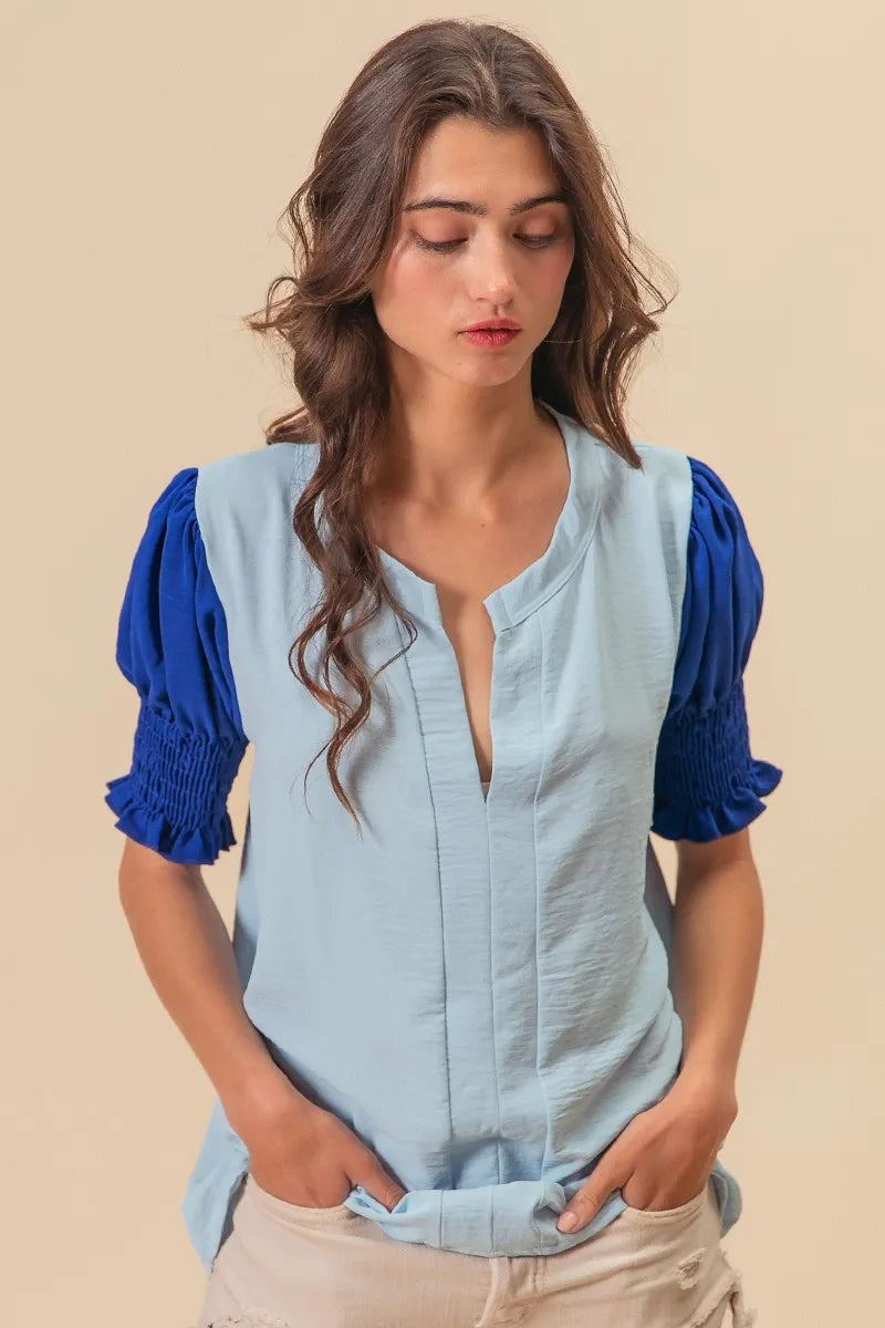 BiBi Air Flow Color Block Puff Sleeves V Neck Top