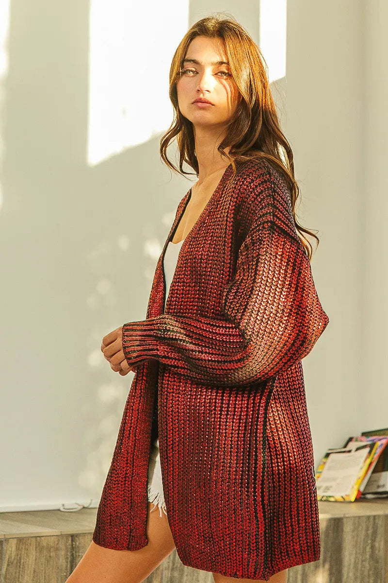 BiBi Metallic Knit V-neck Open Sweater Cardigan