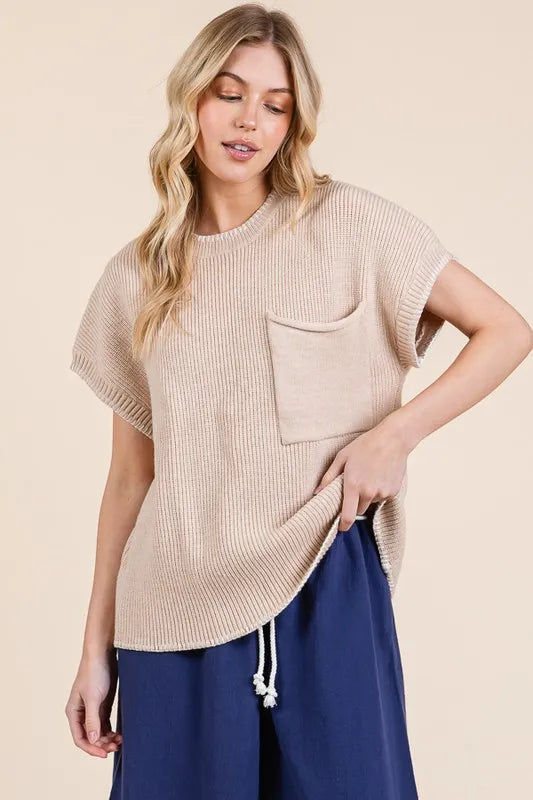 Lime 'N' Chili Solid Cap Sleeve Stitch Edge Knit Sweater