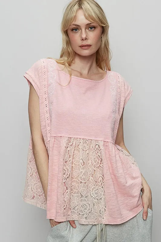 POL Embroidered Detail Boat Neck Cap Sleeve Lace Blouse