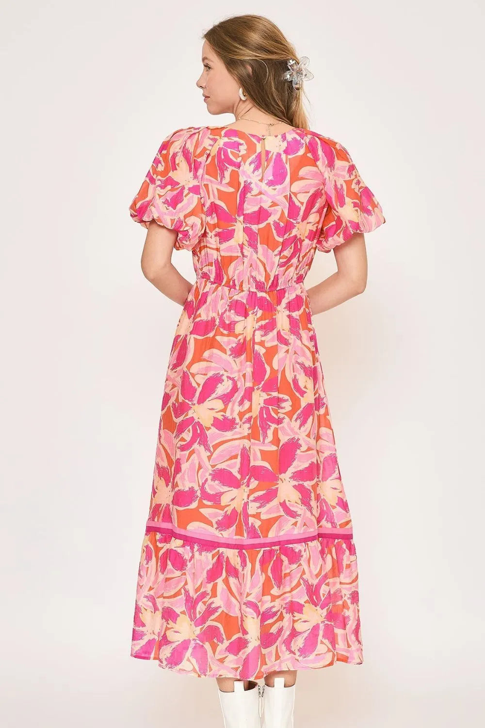 Umgee Floral Notched Puff Sleeve Midi Dress