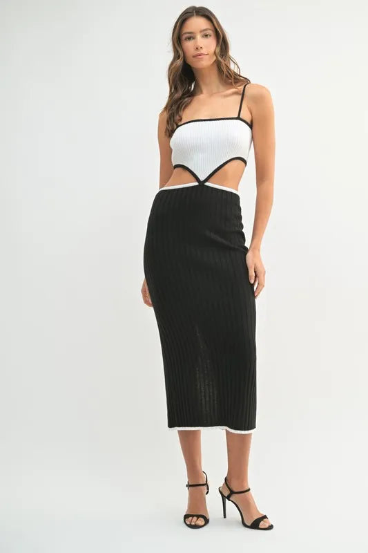 MABLE Ribbed Knit Color Block Cutout Midi Dress