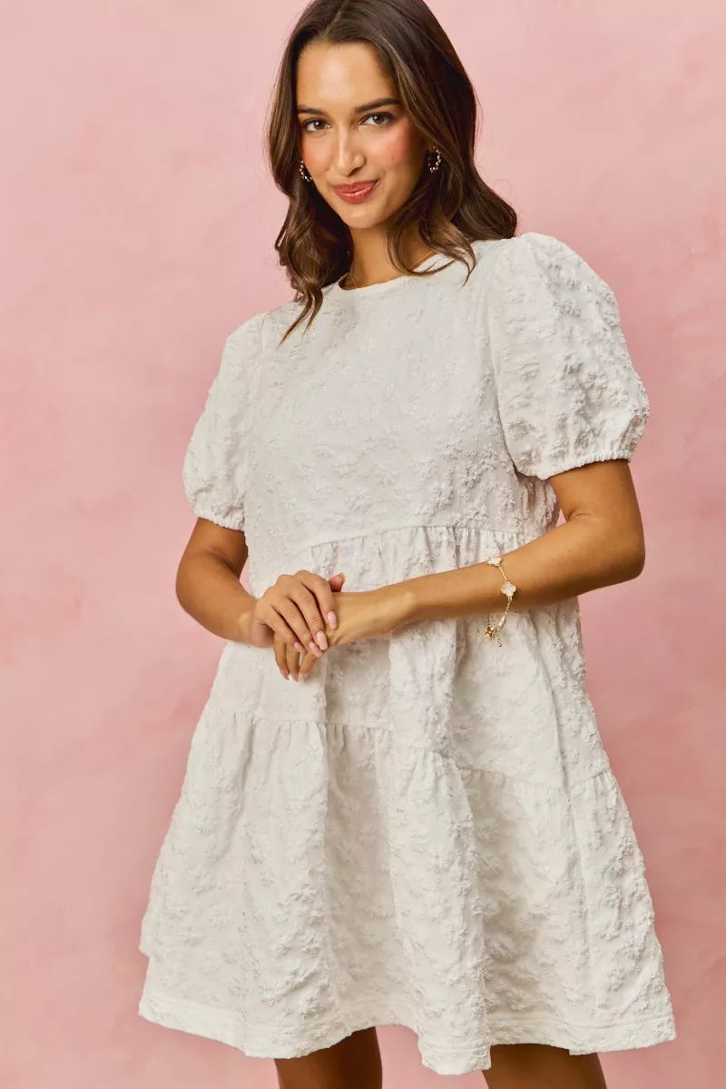 SO ME Floral Jacquard Diagnol Tiered Short Mini Dress