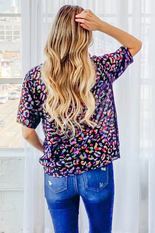 And The Why Leopard Foil Printed Half Sleeve Summer Sweater