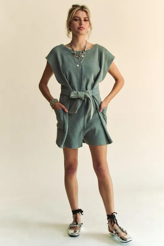 Davi & Dani Acid-Washed Waffle Knit Cuffed Sleeves Romper