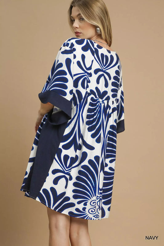Umgee Abstract Print Kimono Sleeve Mini Dress