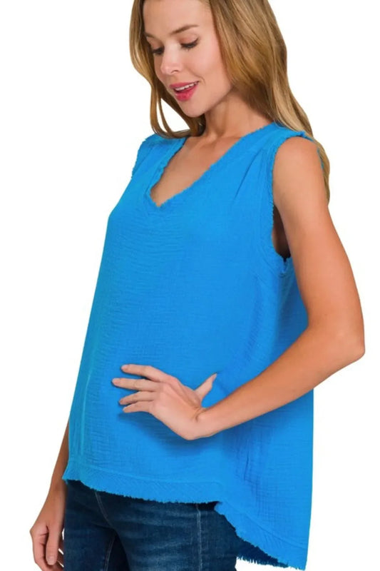 Zenana Double Gauze Raw Edge V-Neck Tank