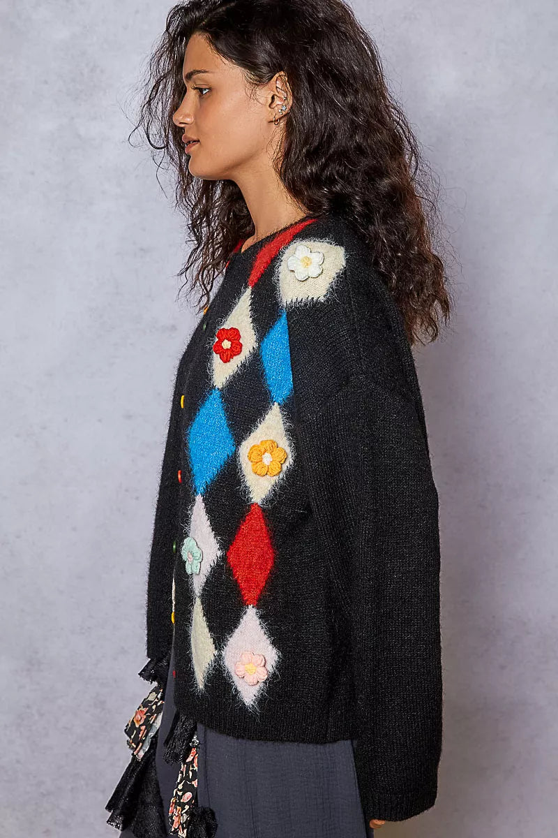 POL Button Down Diamond Pattern Round Neck Cardigan