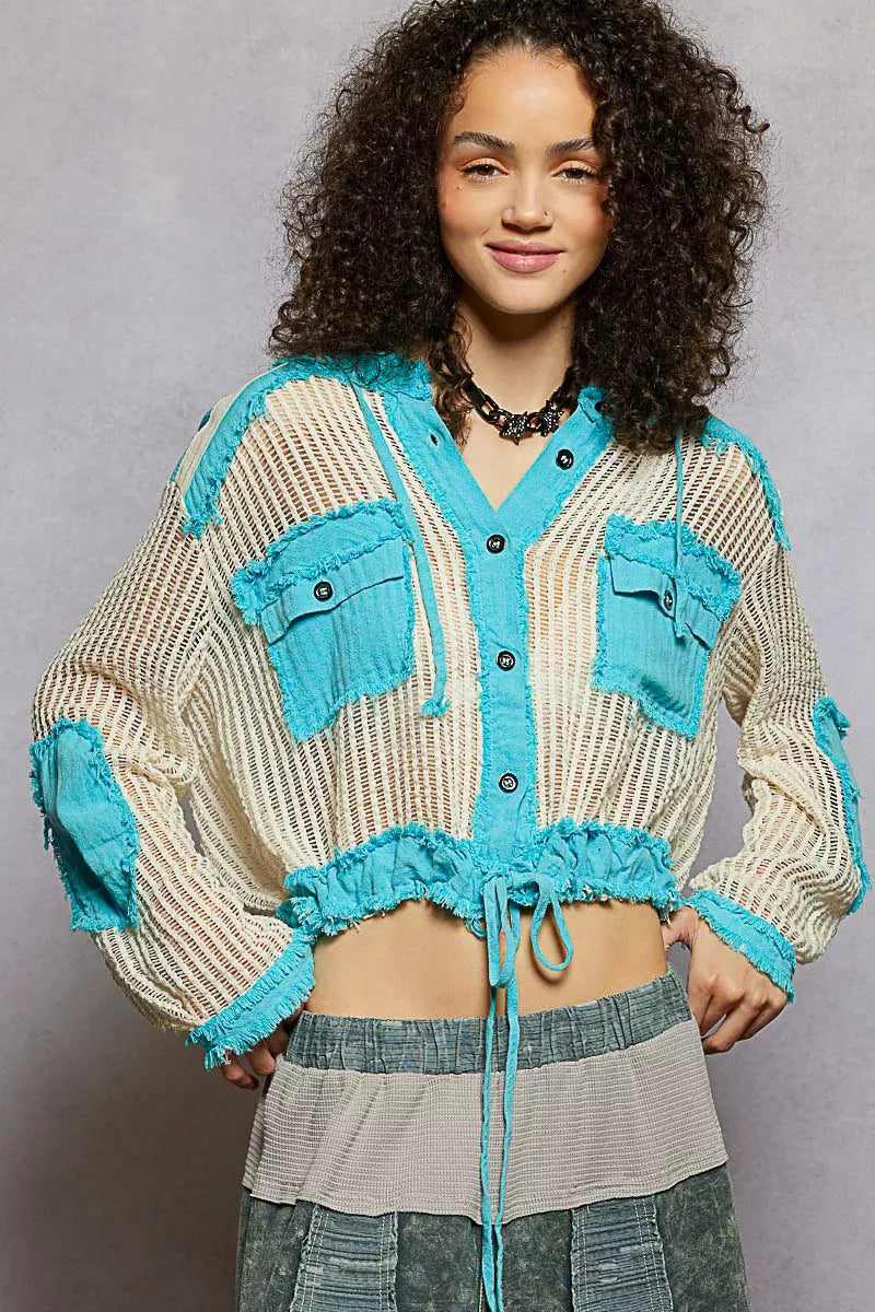 POL Texture Woven Button Down Hooded Shirt with Drawstring Hem