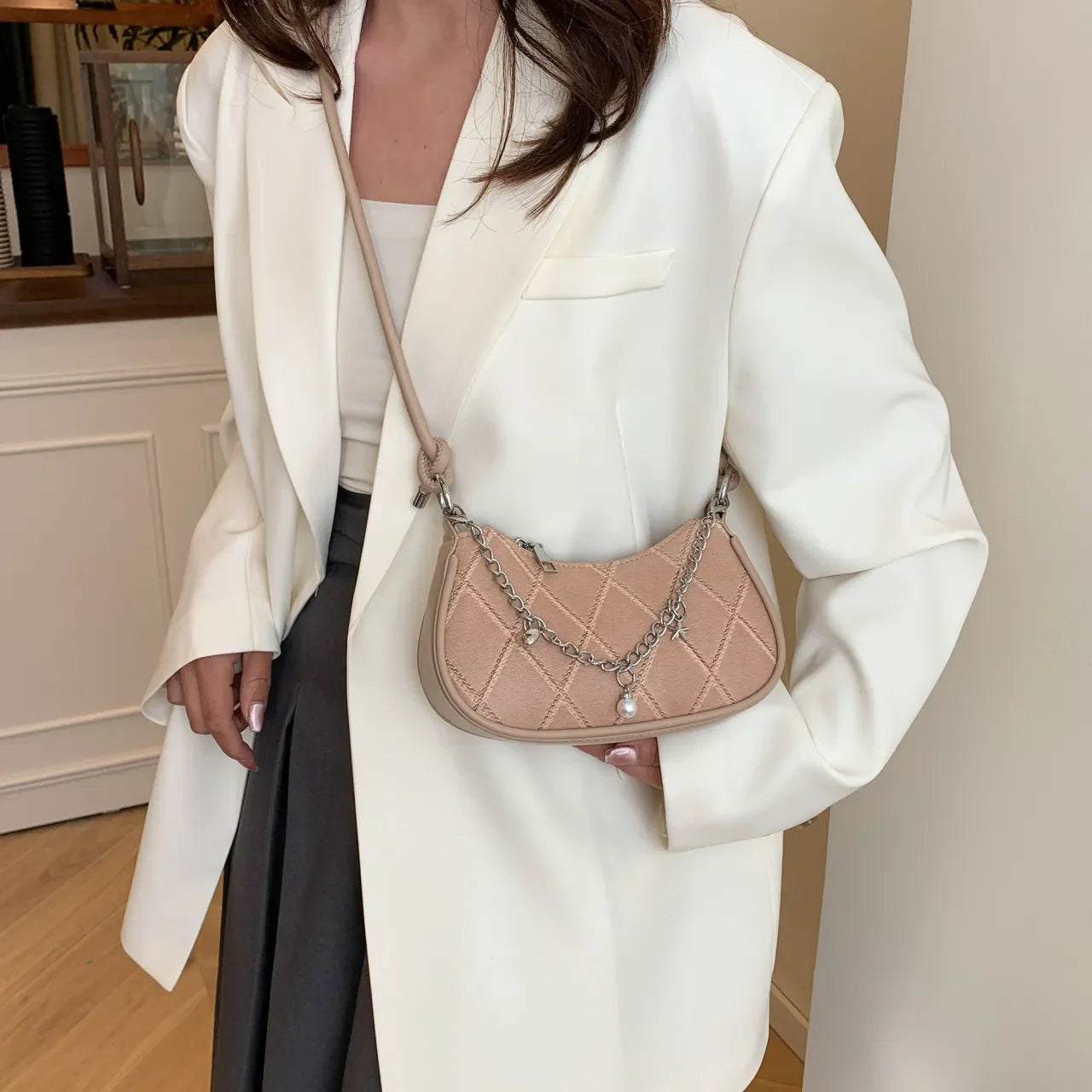 Chain Detail Crescent Shoulder Bag