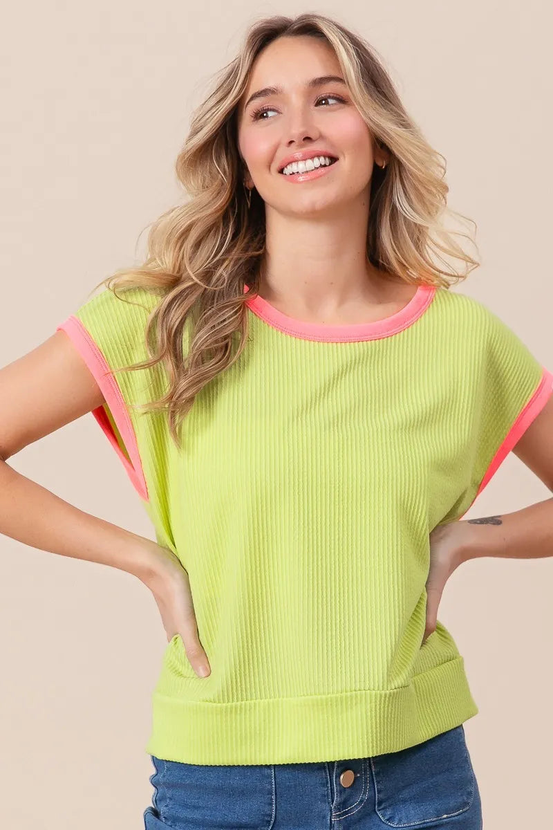 BiBi Cord Rib Knit Contrast Banded Top