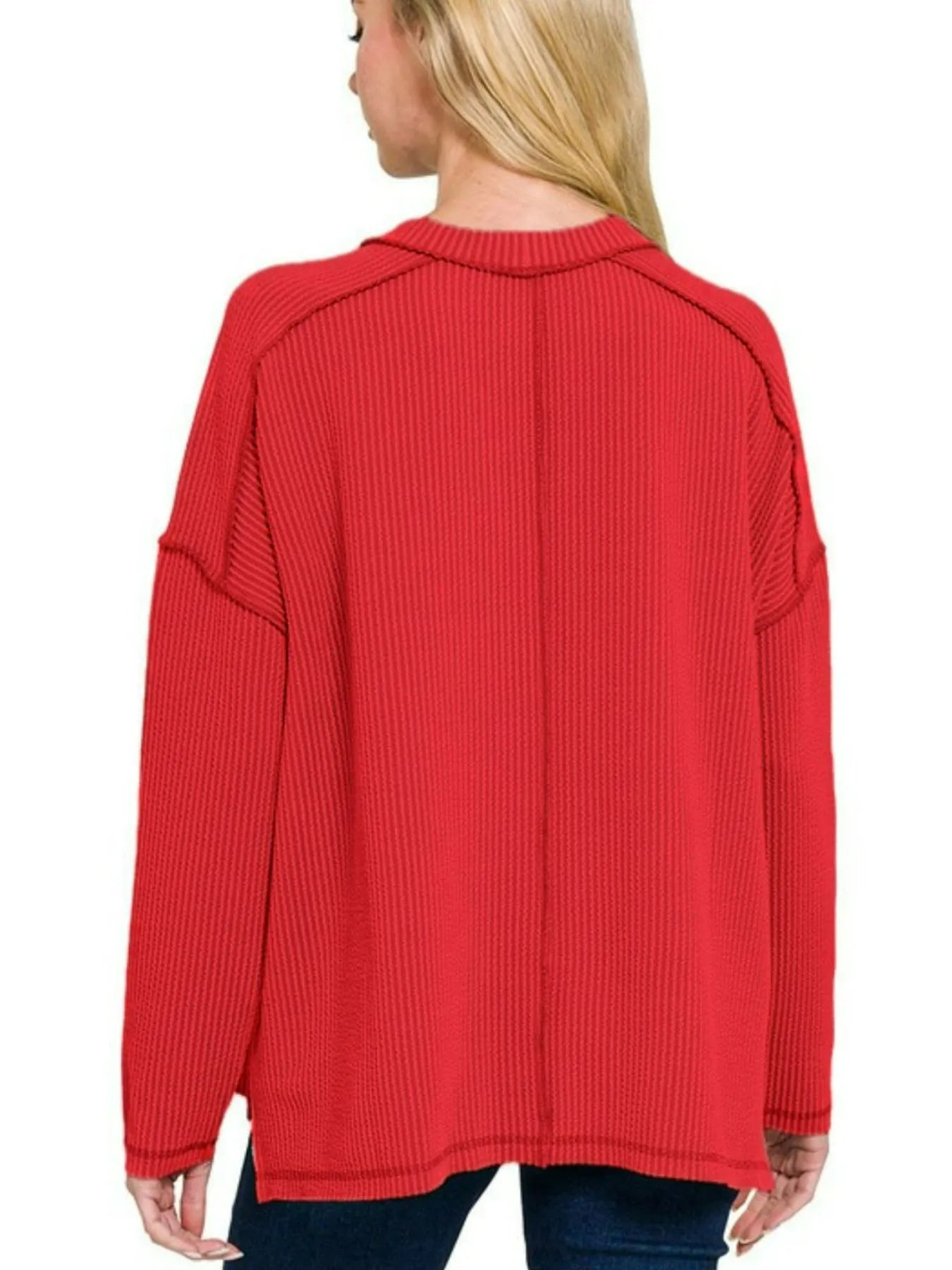 Zenana Full Size Exposed Seam Long Sleeve Corded Rib Knit Top Plus Size