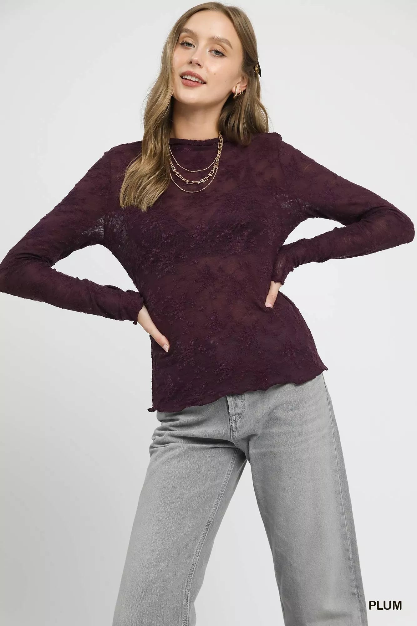 Umgee Lace Sheer Long Sleeve Top