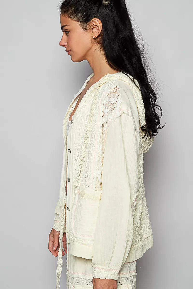 POL Exposed Seam Button Down Hooded Jacket with Lace Detail