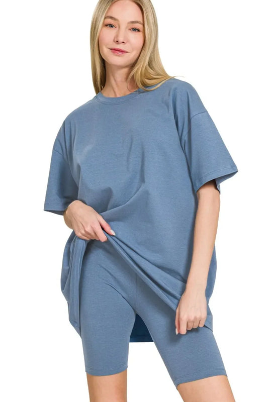 Zenana Cotton Round Neck Top & Biker Shorts