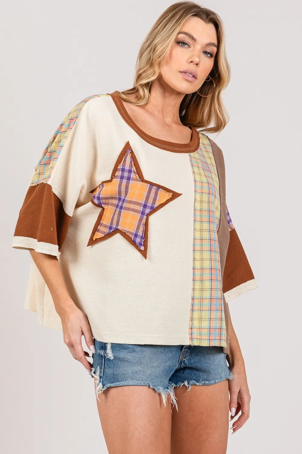 SAGE + FIG Full Size Round Neck Plaid Star Patch T-Shirt Plus Size