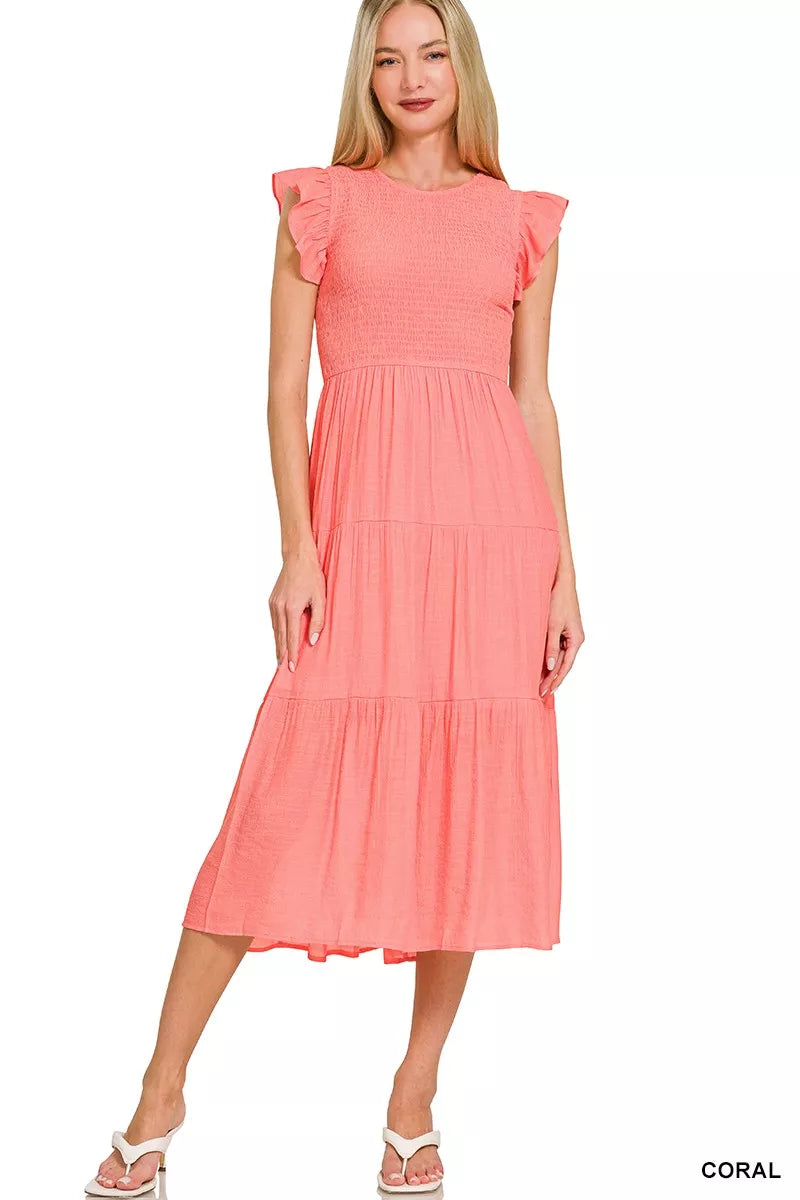 Zenana Woven Smocked Ruffle Sleeve Midi Dress