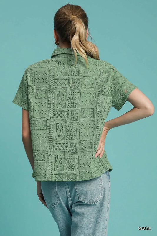 Umgee Patch Lace Short Sleeve Button Down Shirt