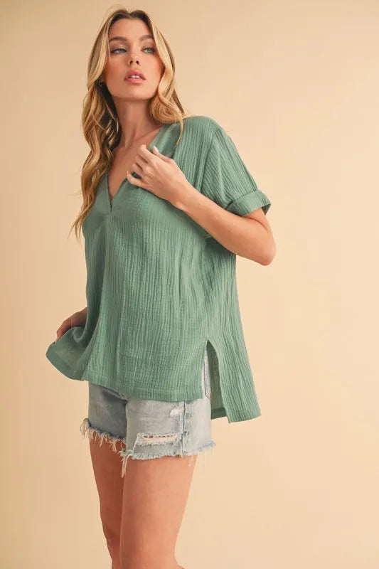Aemi + Co Side Slit V-Neck Short Sleeve Blouse