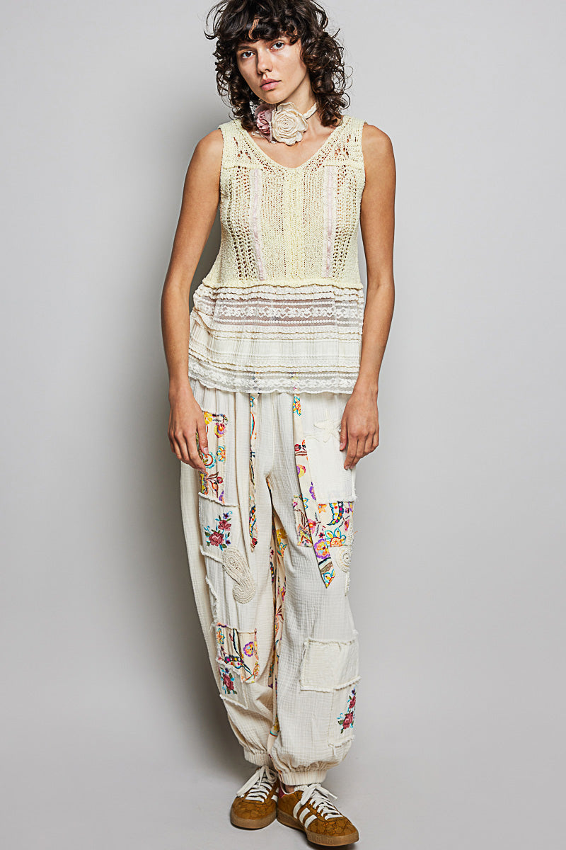 POL V-Neck Crochet Sweater Vest with Lace Trim