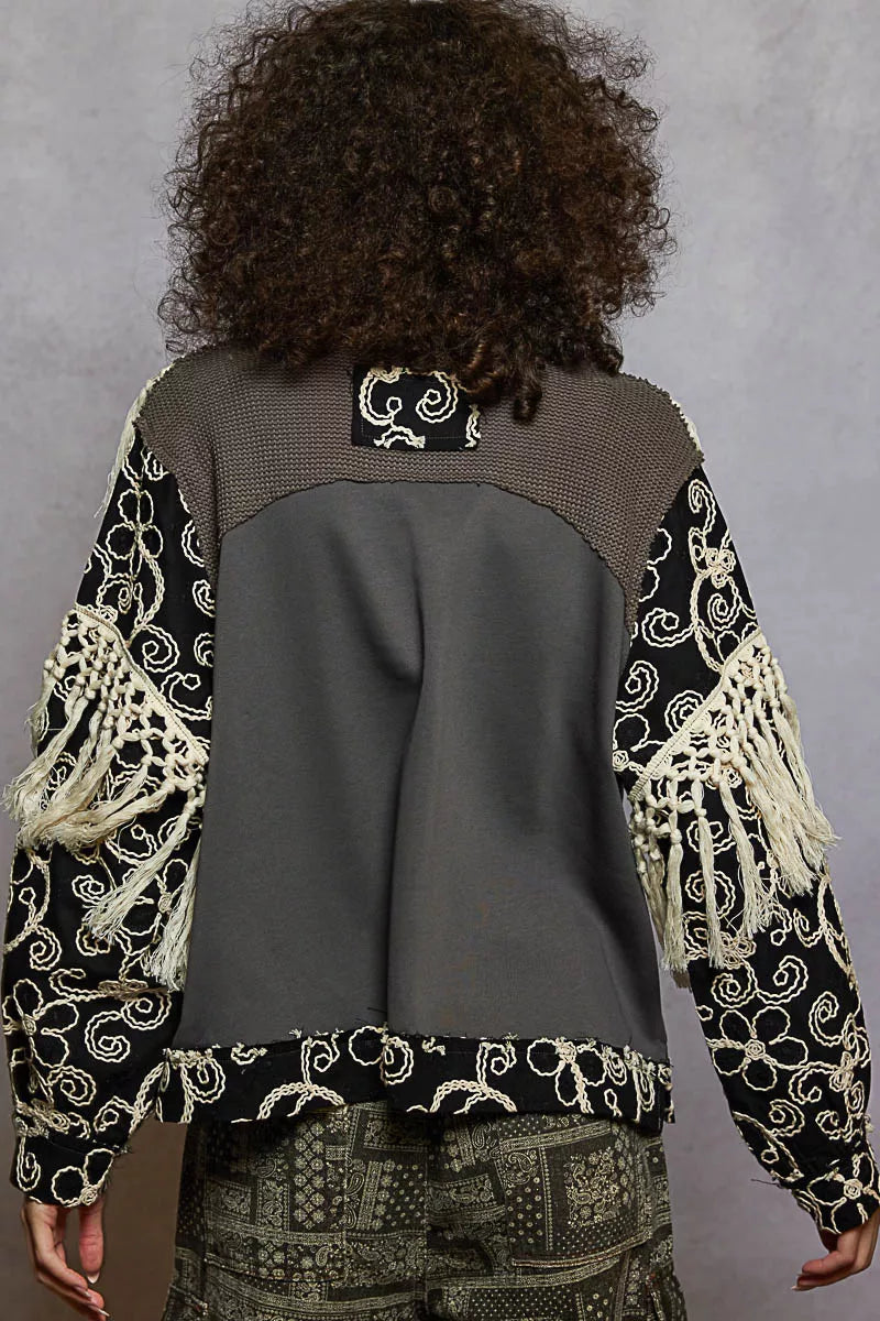 POL Contrast Floral Embroidery Balloon Sleeve Top with Tassel Trim