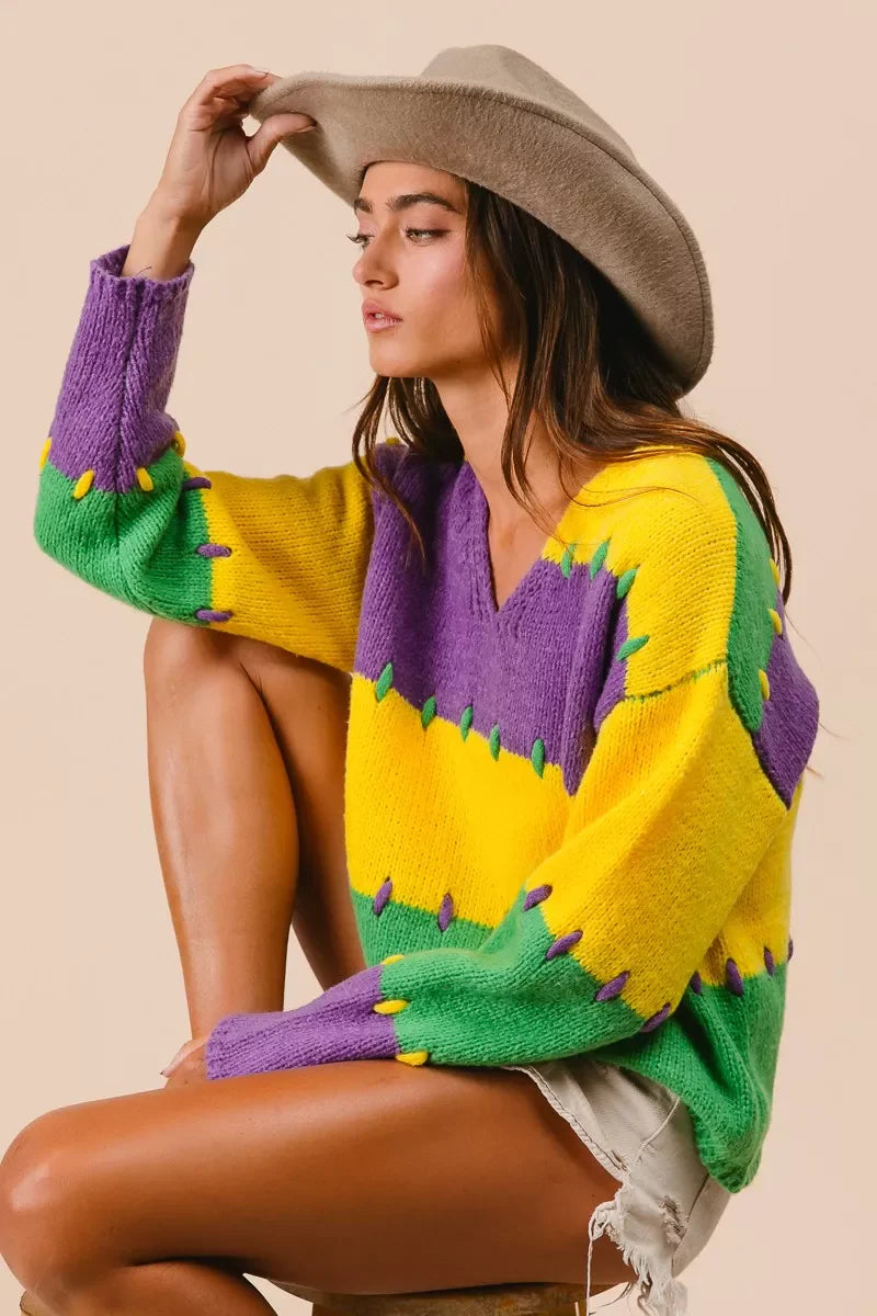 BiBi Stitch Detail Mardi Gras Stripes Sweater