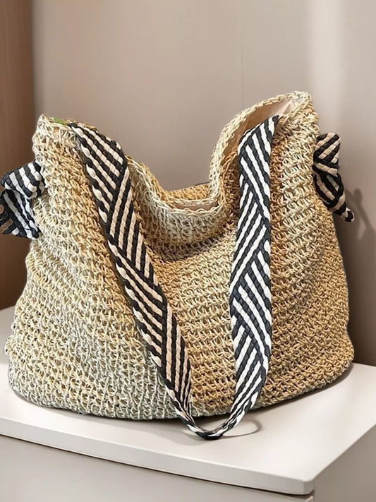 Woven Straw Shoulder Bag with Striped Handles