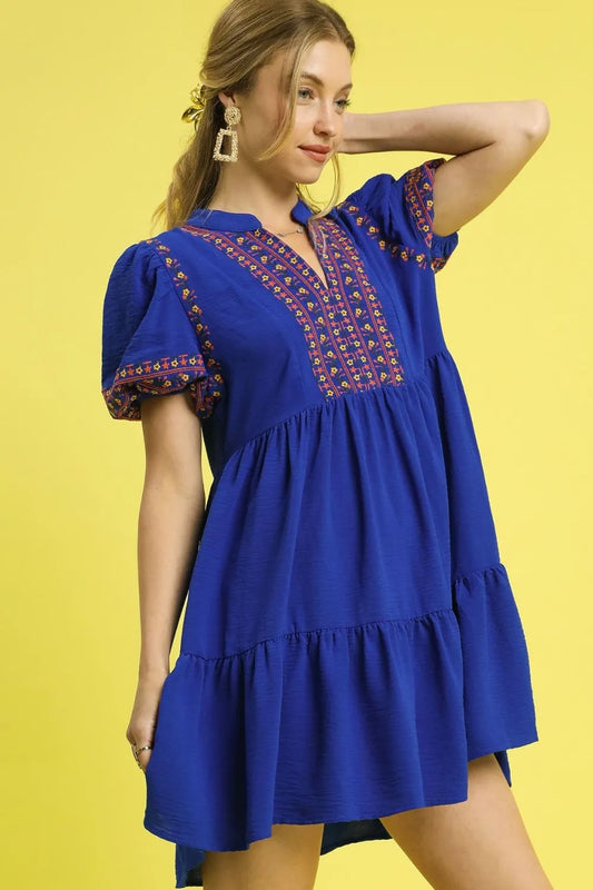 Umgee Floral Trim Puff Sleeve Mini Dress