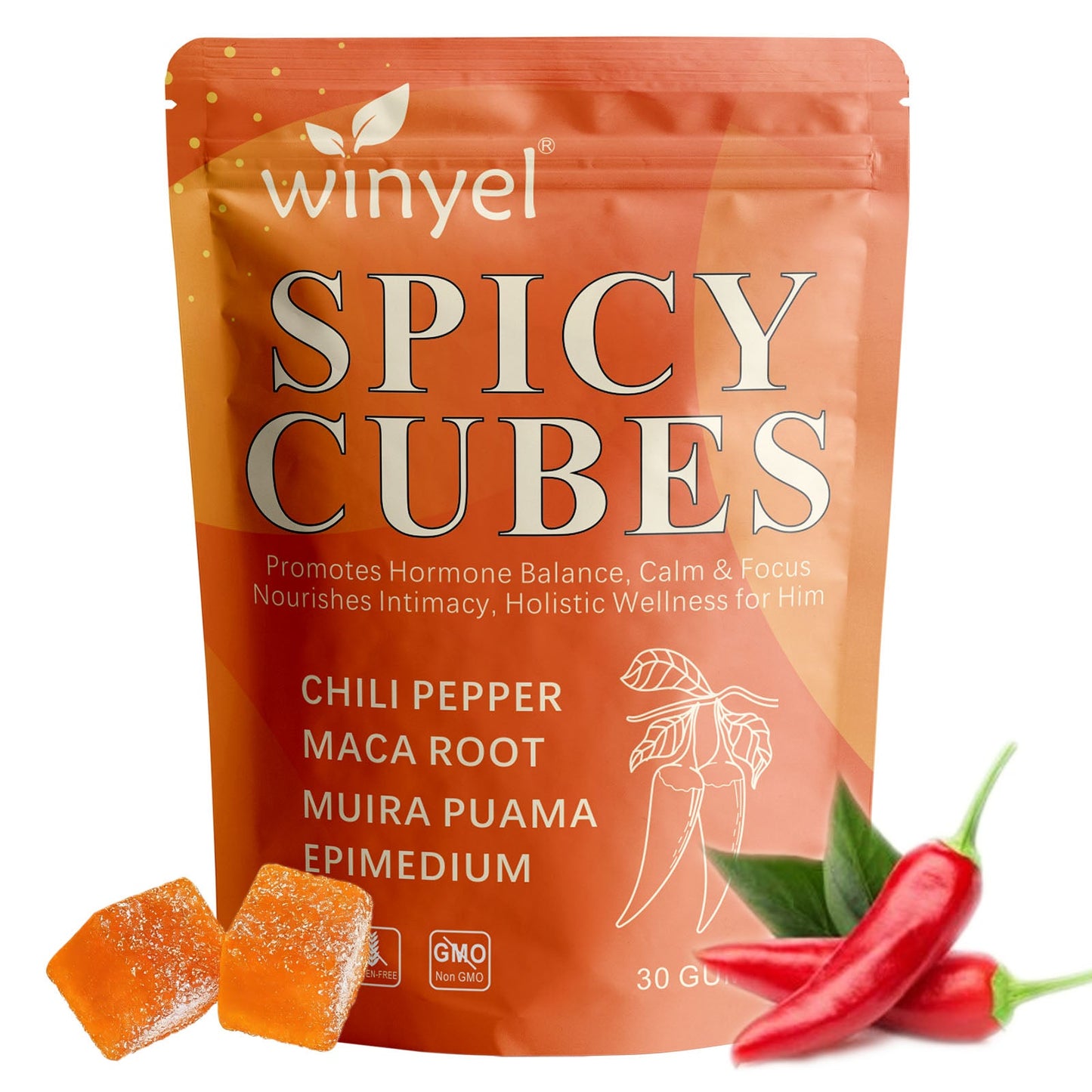 Spicy Cubes, Intimacy Gummies With Chili Pepper, Muira Puama, Maca Root, Epimedium, Helps Promote Hormone Balance, Calmness And Intimacy Wellness, Peach Flavor, 30 Gummies S