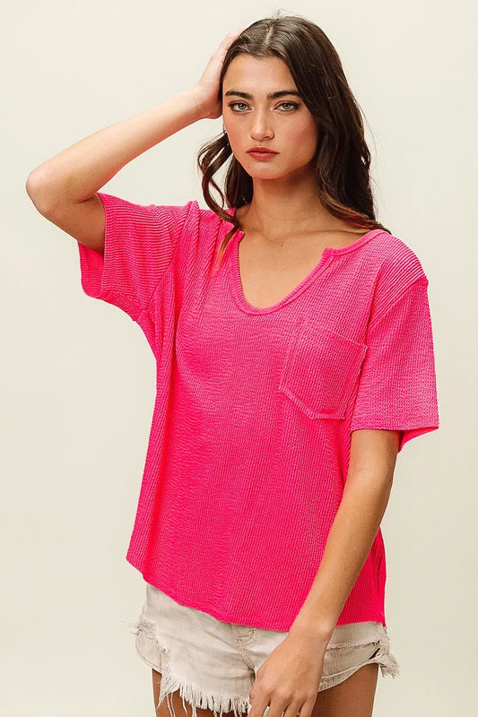 BiBi Waved Rib U Neck Top With Front Pocket